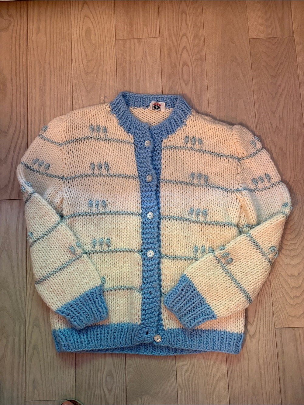Cream & Baby Blue Hand-Knit Button Cardigan